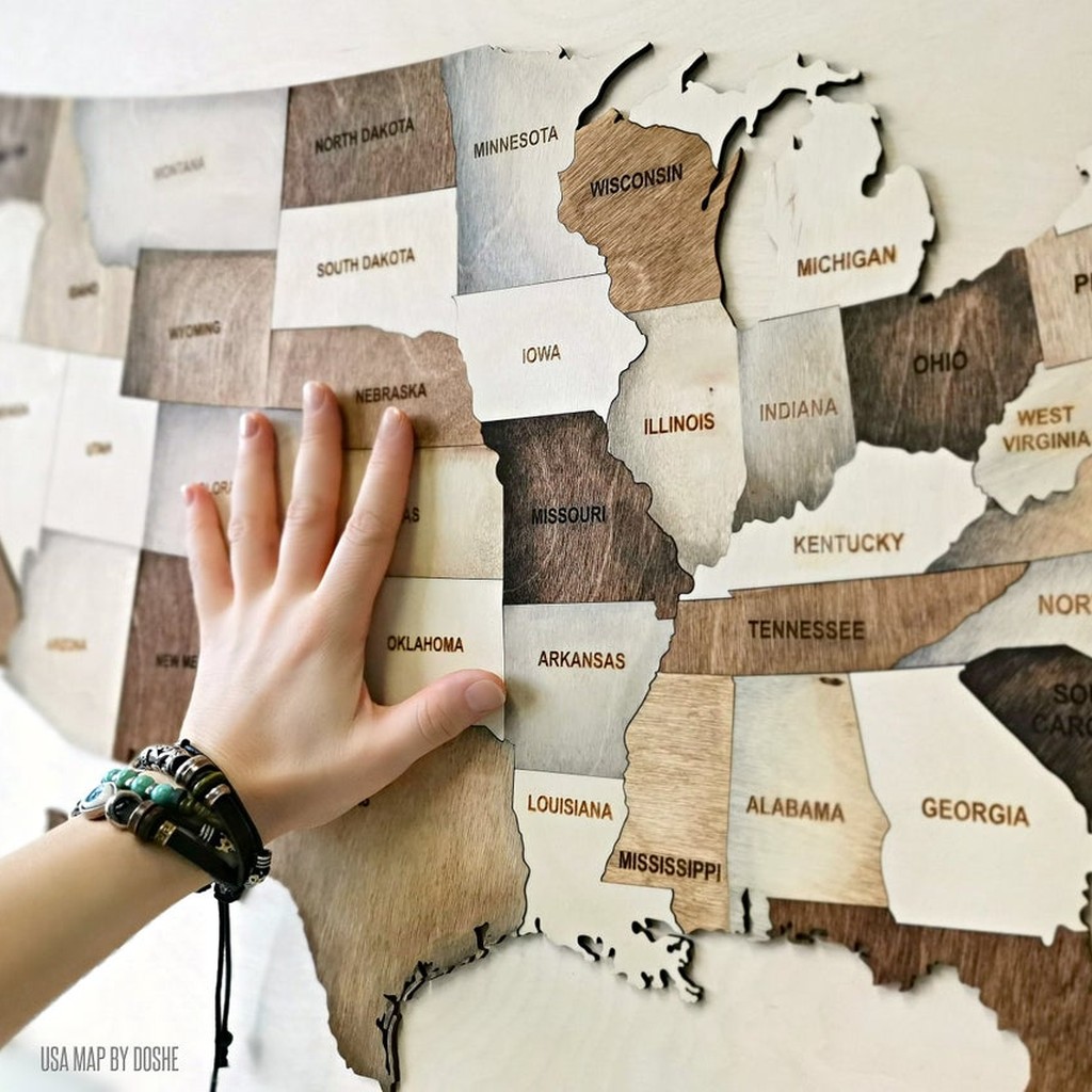 US MAP Puzzle – Laser-Cut Wooden Push Pin Wall Art