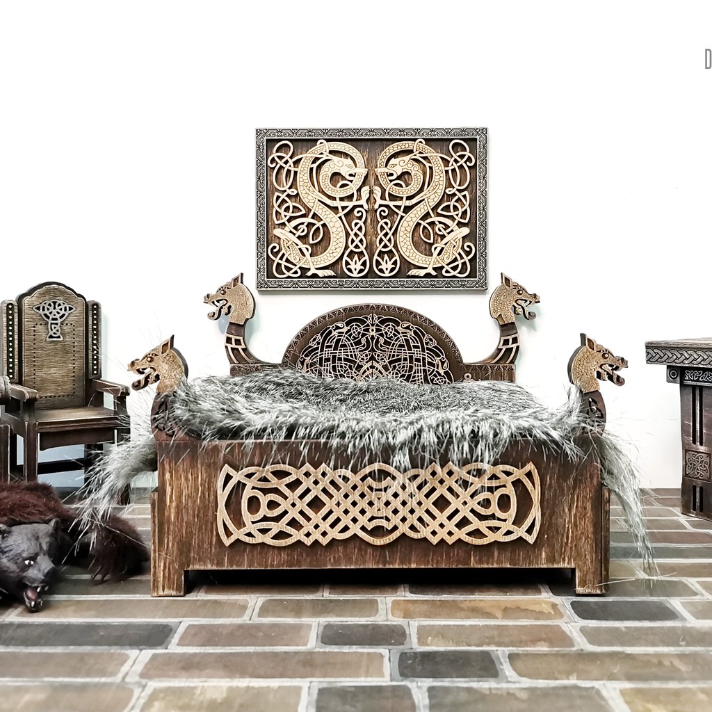 Viking Furniture Bed: Handcrafted Miniature for Dollhouses