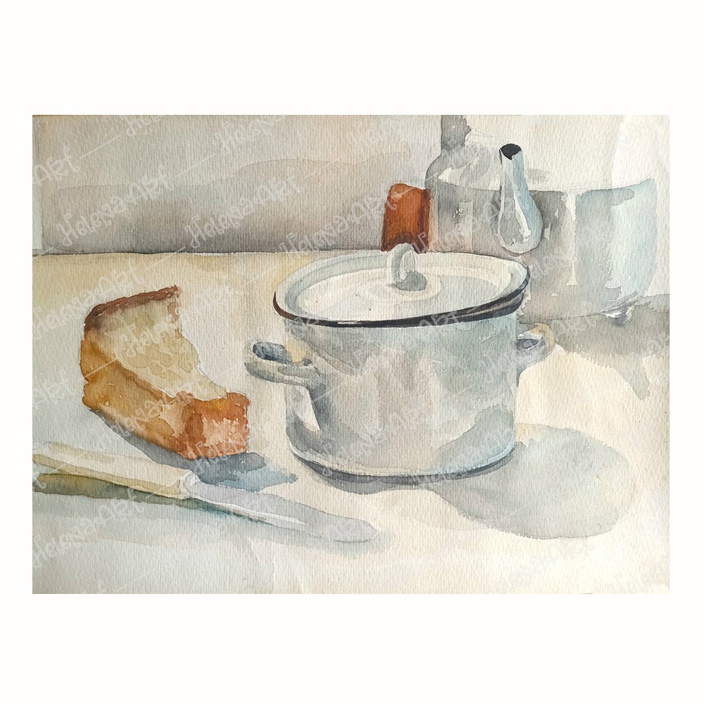 Vintage Watercolor Still Life: Bread on the Table – Digital Download
