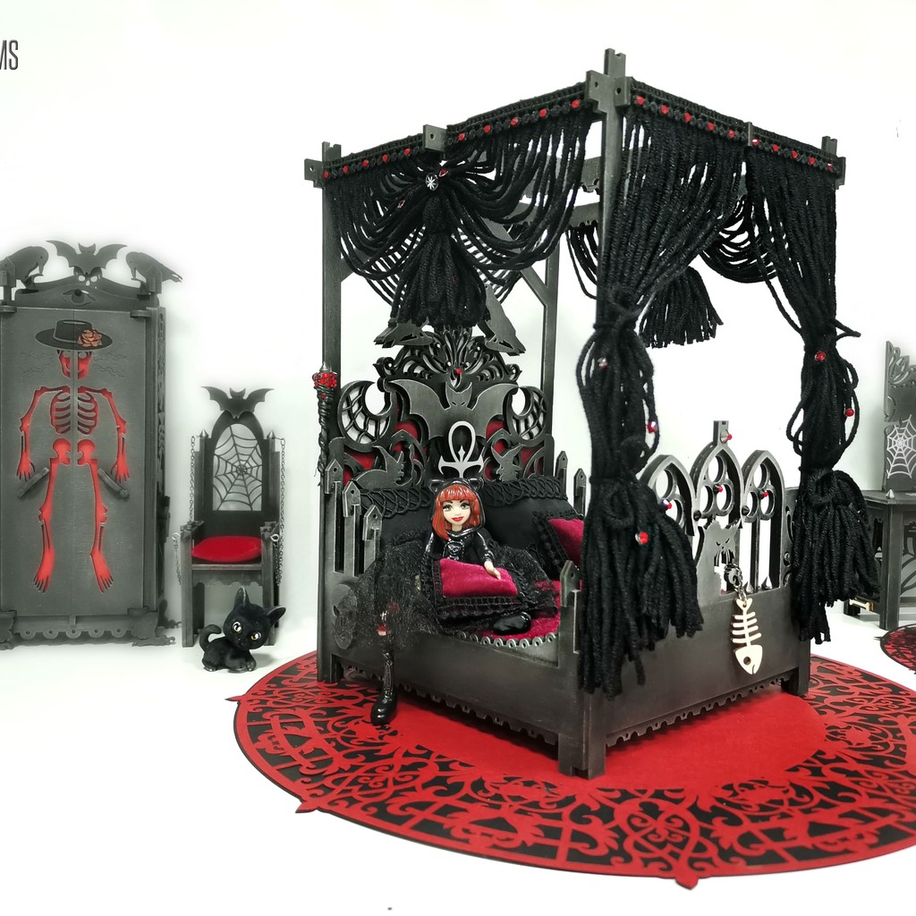 Dollhouse BED – Gothic Vampire Canopy for Haunted Dollhouse Decor