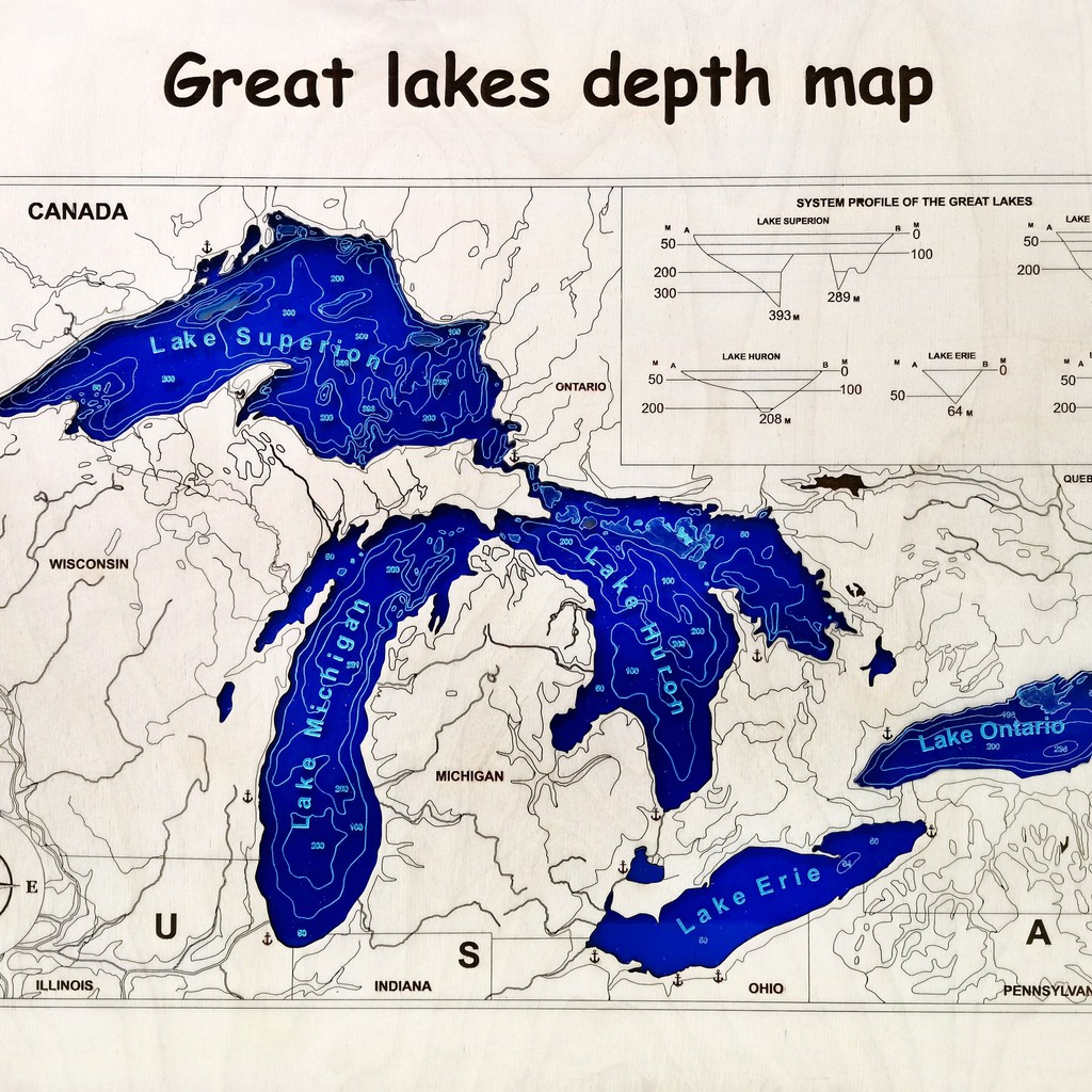 GREAT LAKES Map Gift: Detailed Depth Map for Unique Decor